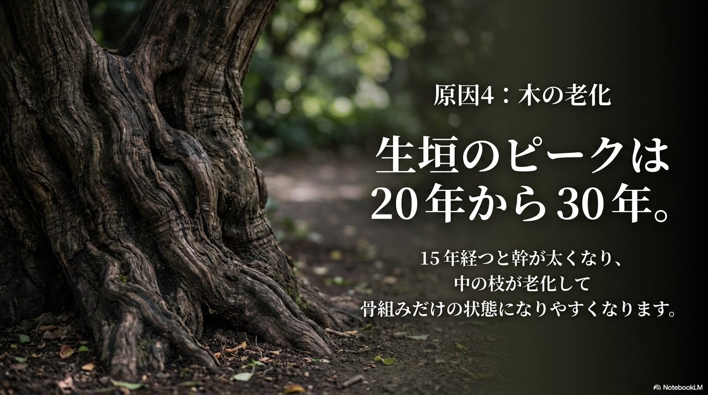 植え付けから15年ほどで幹が太くなり、中の枝が老化して骨組みだけになりやすくなる過程。