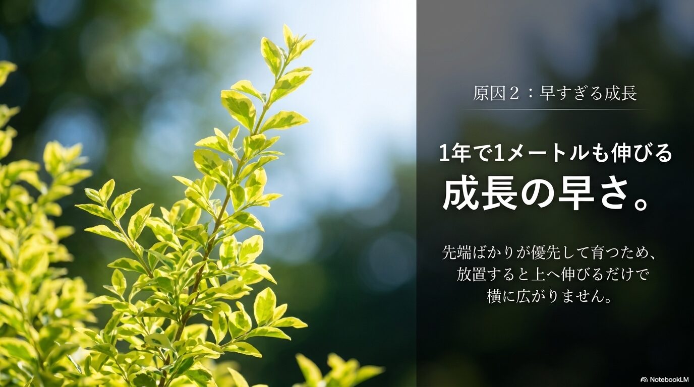 1年で1メートルも伸びる成長の早さが、放置すると上へ伸びるだけで横に広がらない理由。