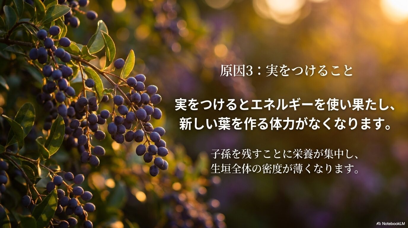 実を作ることに栄養が集中し、新しい葉を作る体力がなくなって密度が薄くなる解説。