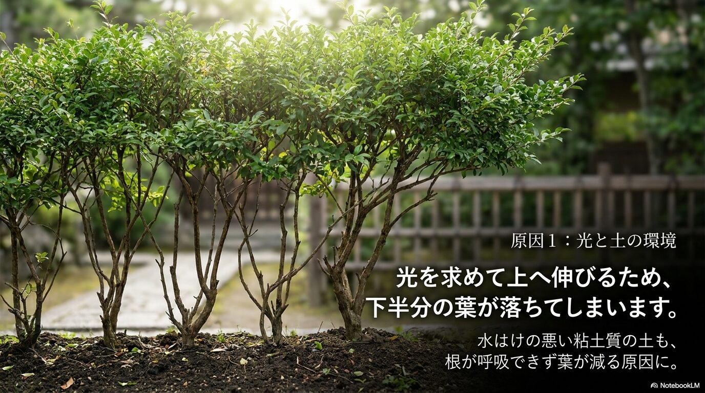 光を求めて徒長することで株元の葉が落ちる仕組みと、粘土質の土の影響についての解説。