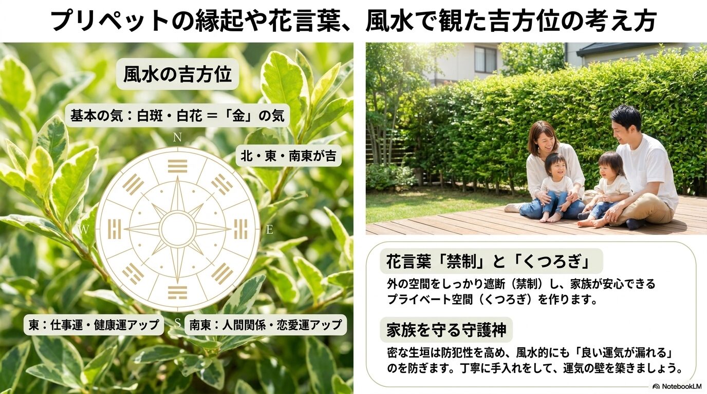 プリペットの吉方位（北・東・南東）と、それぞれの運気アップ効果、さらに花言葉である「禁制」と「くつろぎ」が家族のプライベート空間を守る役割を説明したスライド資料。