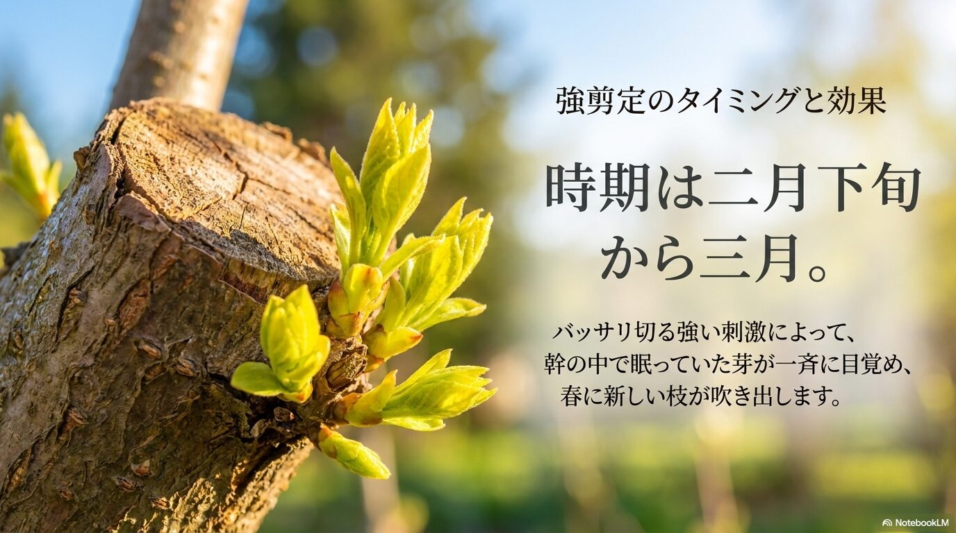 春の芽吹き前に強剪定を行うことで、眠っていた芽を一斉に目覚めさせる効果の解説。