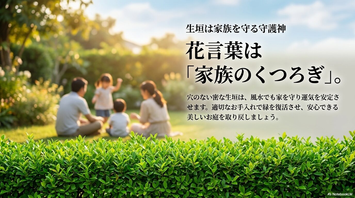 花言葉「家族のくつろぎ」と、密な生垣が風水的に家を守るというメッセージ。