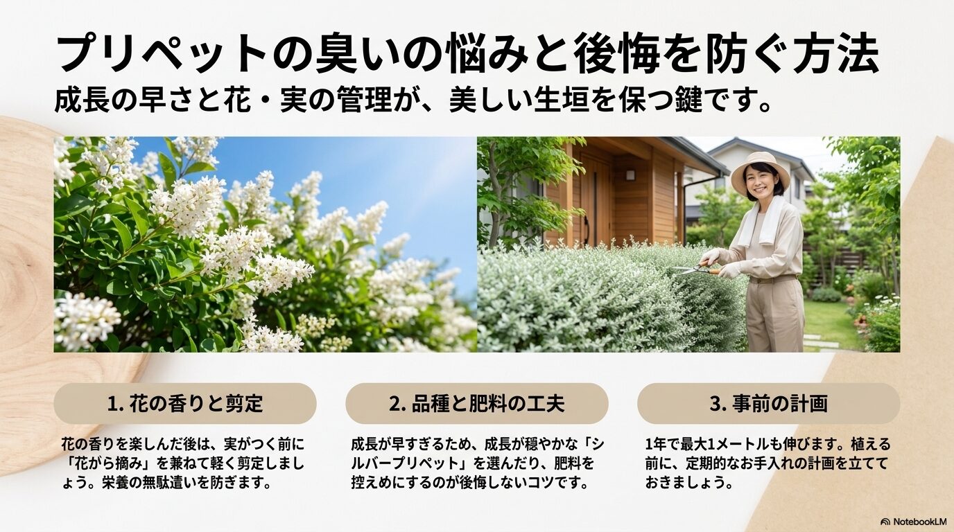 プリペットの成長の早さに合わせた剪定計画や、花の香りを楽しんだ後の花がら摘み、成長が穏やかな品種選びなど、後悔を防ぐ3つのコツを解説したスライド資料。