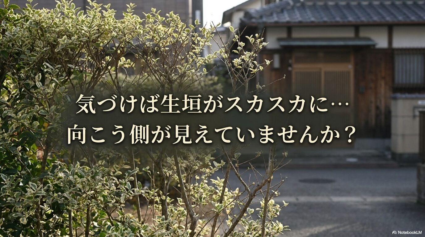 生垣が薄くなり、向こう側が透けて見えてしまっている状態を確認するスライド。