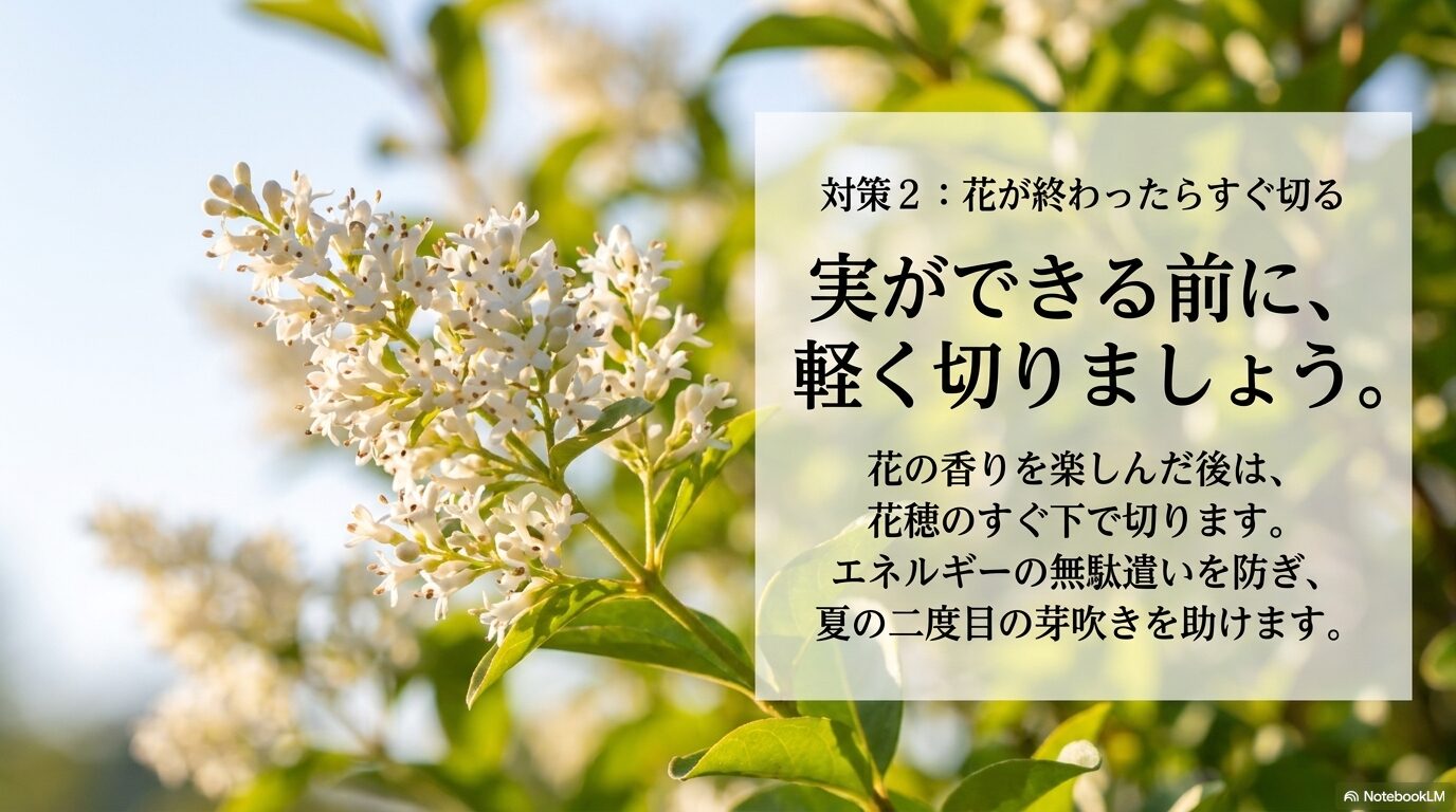 花が咲いた直後の剪定で実ができるのを防ぎ、夏の二度目の芽吹きを助けるお手入れ。