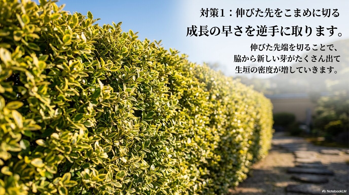 伸びた先端を切ることで脇から新しい芽を出し、密度を増していく剪定方法の図解。