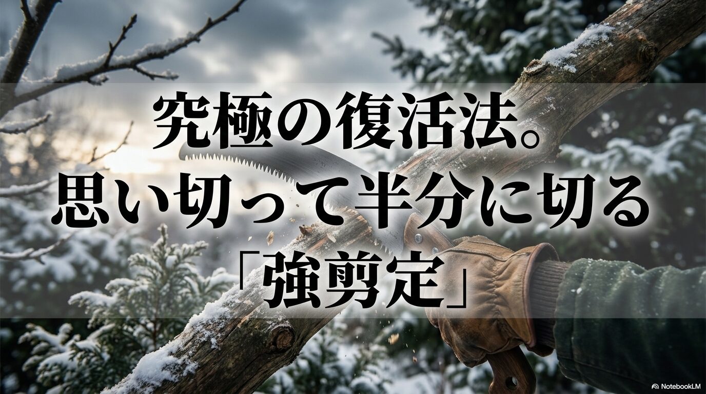 生垣をバッサリと半分に切り戻す強剪定による、劇的な復活法。