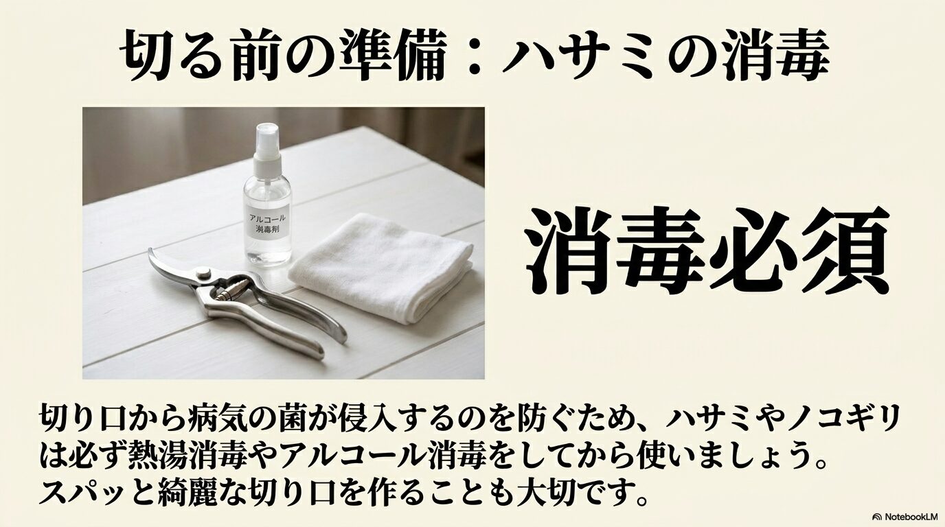 剪定前の準備、ハサミやノコギリのアルコール消毒