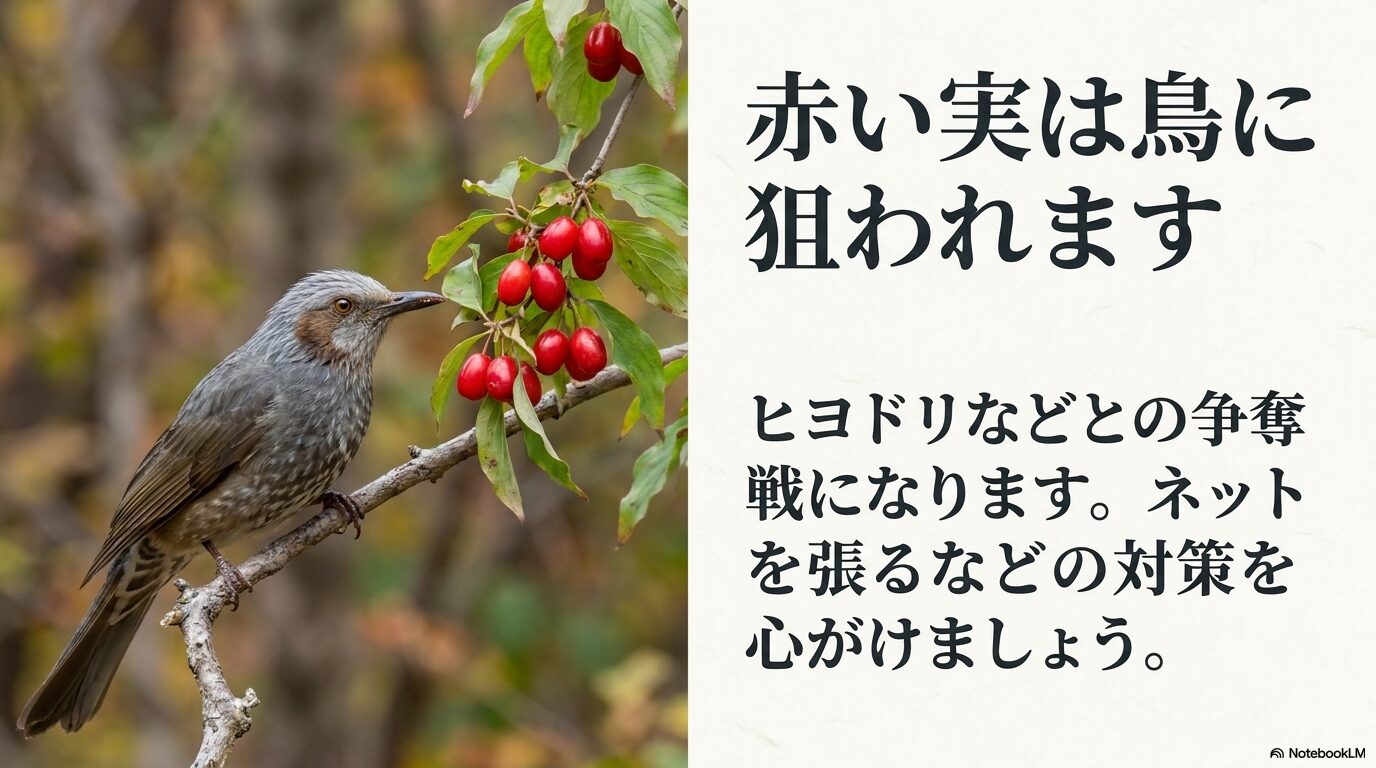 野鳥から赤い実を守るための防鳥対策についてのスライド