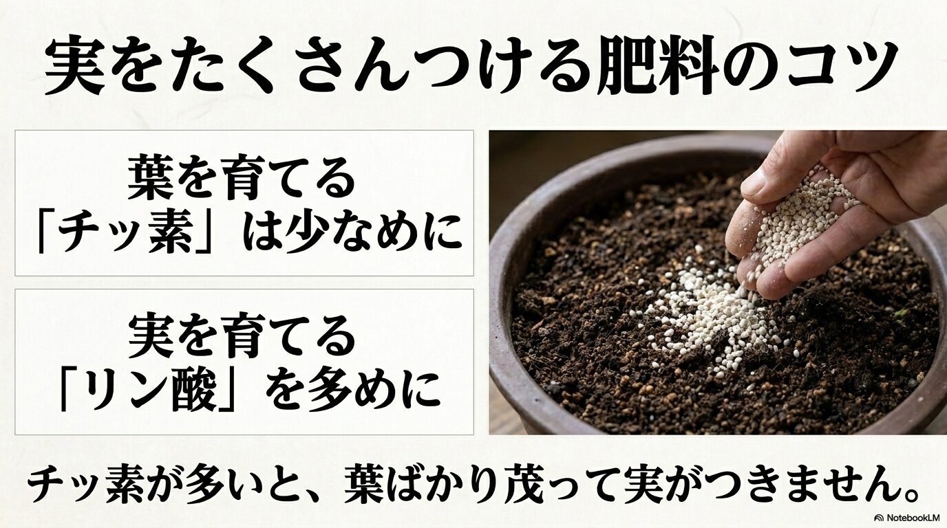 チッ素控えめリン酸多めの肥料バランスを解説するスライド