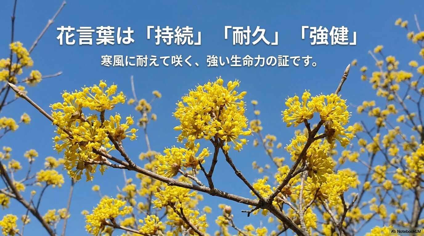 サンシュユの花言葉である持続・耐久・強健の意味を解説するスライド