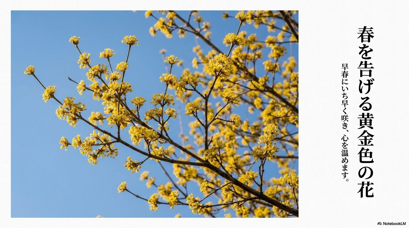 青空を背景に咲くサンシュユの鮮やかな黄色い花のアップ