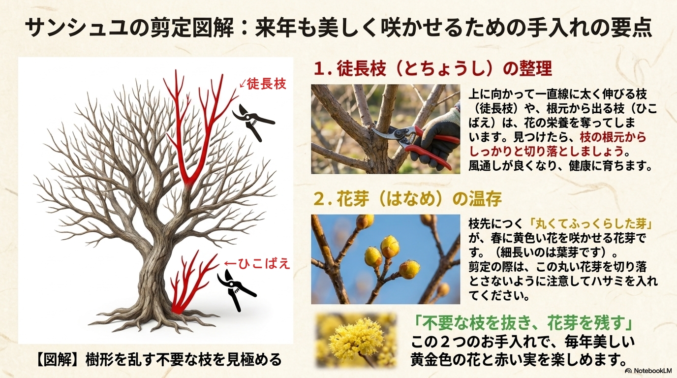 サンシュユの剪定において、上に向かって伸びる太い徒長枝や根元のひこばえの切り落とし方、温存すべき丸くてふっくらした花芽の特徴をイラストと写真で解説したスライド資料 。