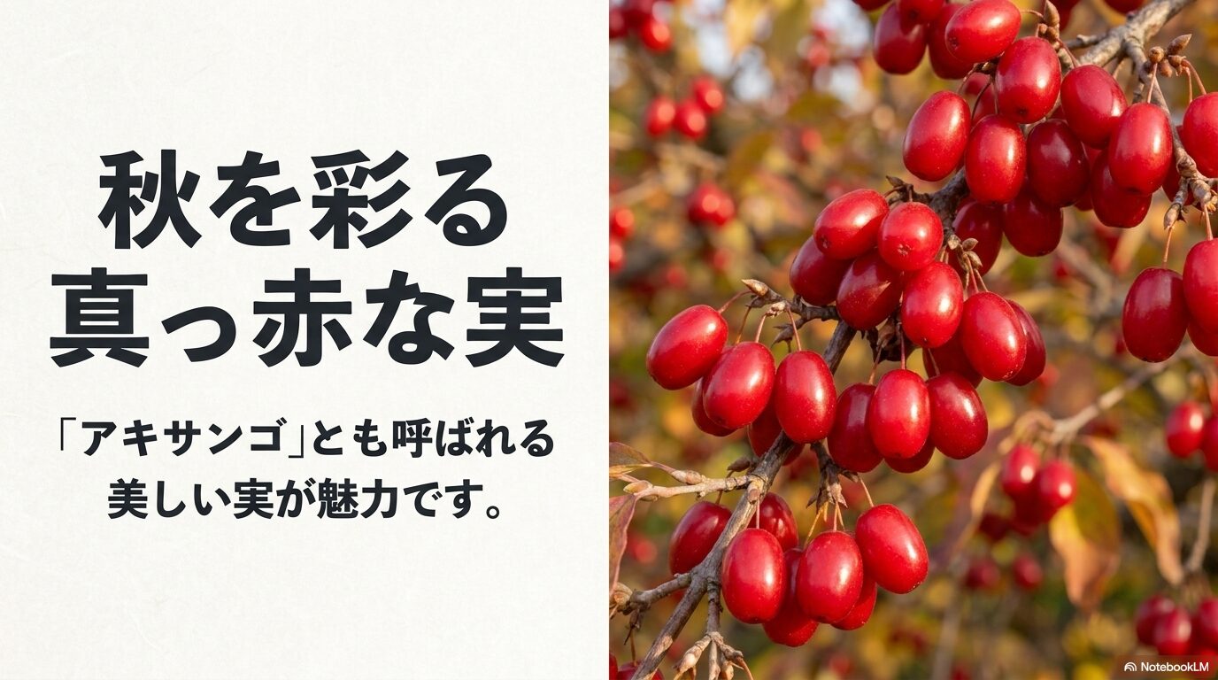 アキサンゴと呼ばれるサンシュユの真っ赤に熟した実のイメージ