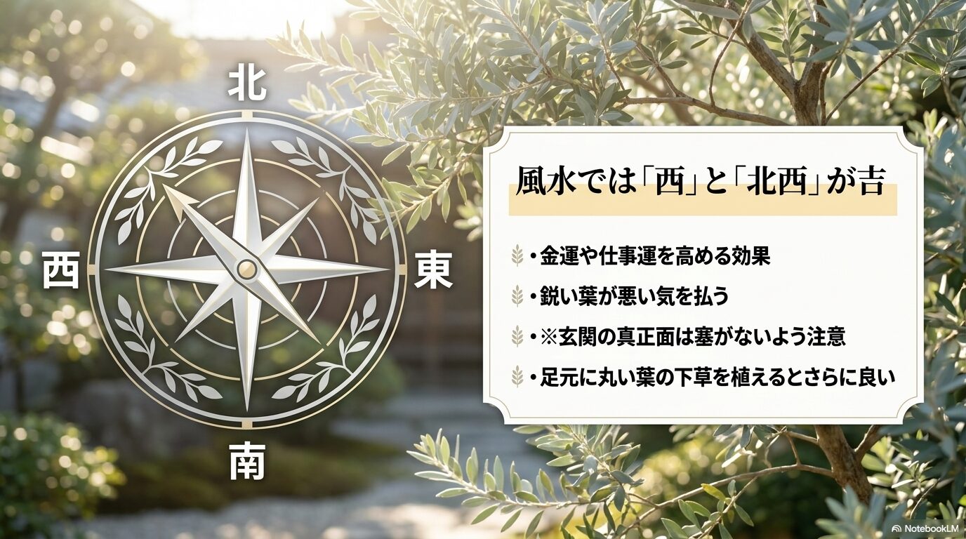 風水で金運・仕事運を高める西と北西の配置や、鋭い葉の魔除け効果、玄関前の注意点をまとめた図解。
