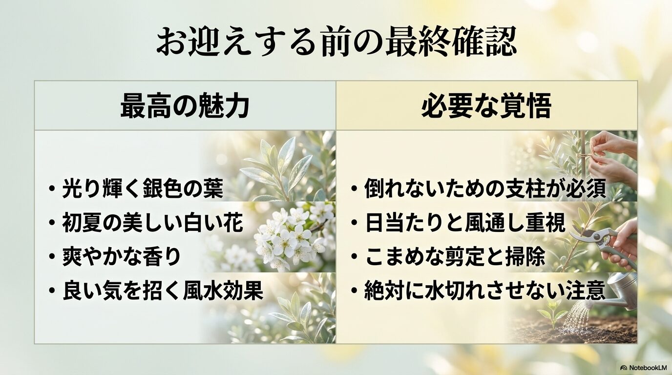 銀葉や花の美しさといったメリットと、支柱・剪定・水切れ注意といった必要な覚悟を対比させた最終確認表。
