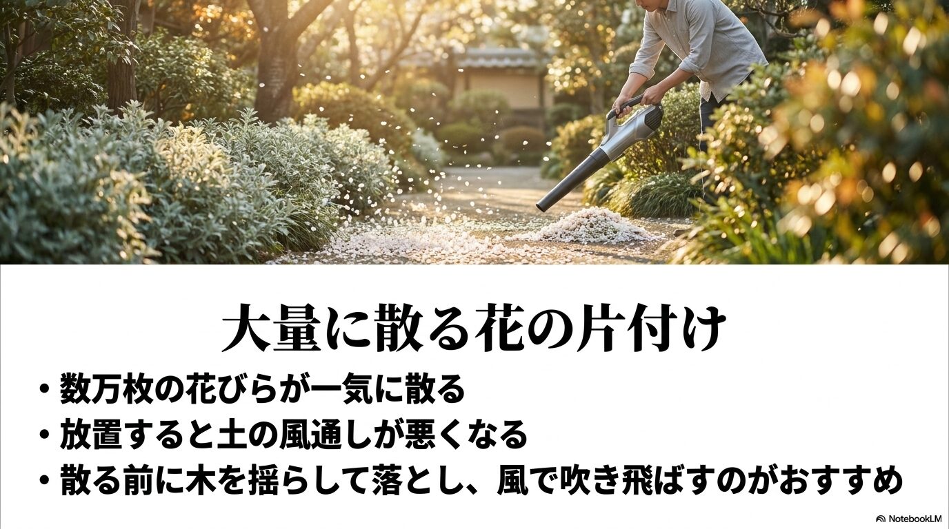 数万枚の花びらが一気に散る掃除の負担と、散る前に木を揺らして落とすなどのメンテナンス術の紹介。