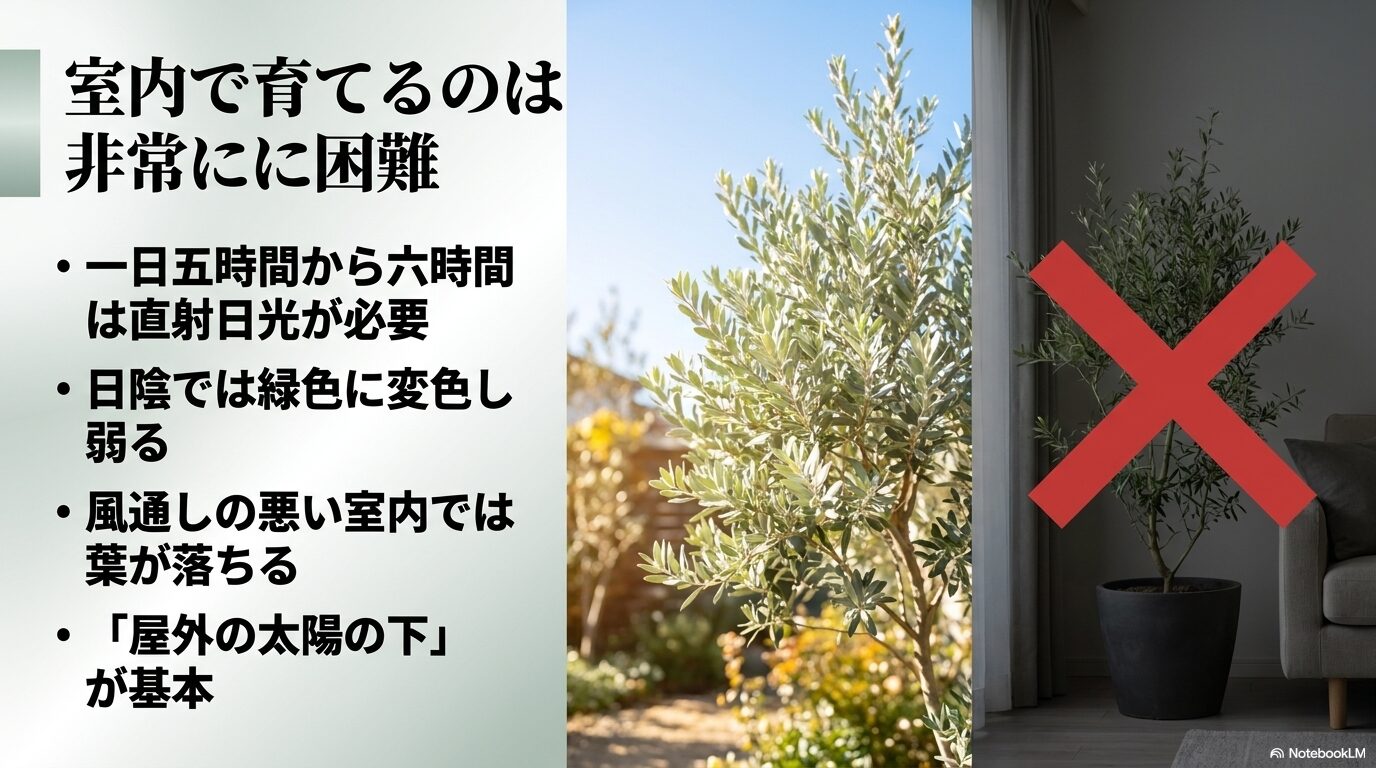 直射日光が1日5〜6時間必要で風通しを好む性質上、室内では葉が落ち弱ることを説明した図。