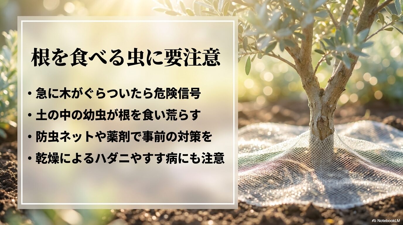 急なぐらつきは根を食べる虫の危険信号。薬剤やネットでの事前対策を推奨する害虫警告スライド。