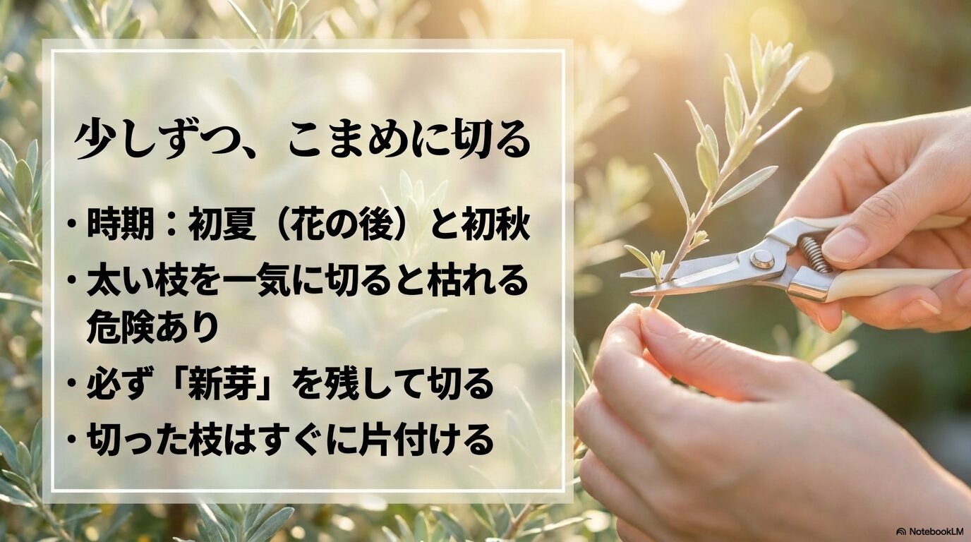 初夏と初秋にこまめに形を整え、新芽を残して切るシルバーティーツリーの剪定のポイントをまとめた画像。