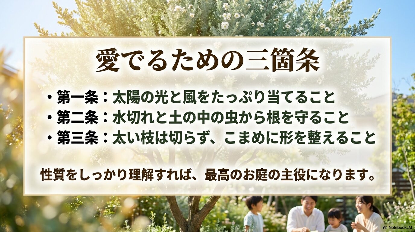 太陽と風、根の保護、こまめな剪定という、シルバーティーツリーを庭の主役にするための3つの鉄則。