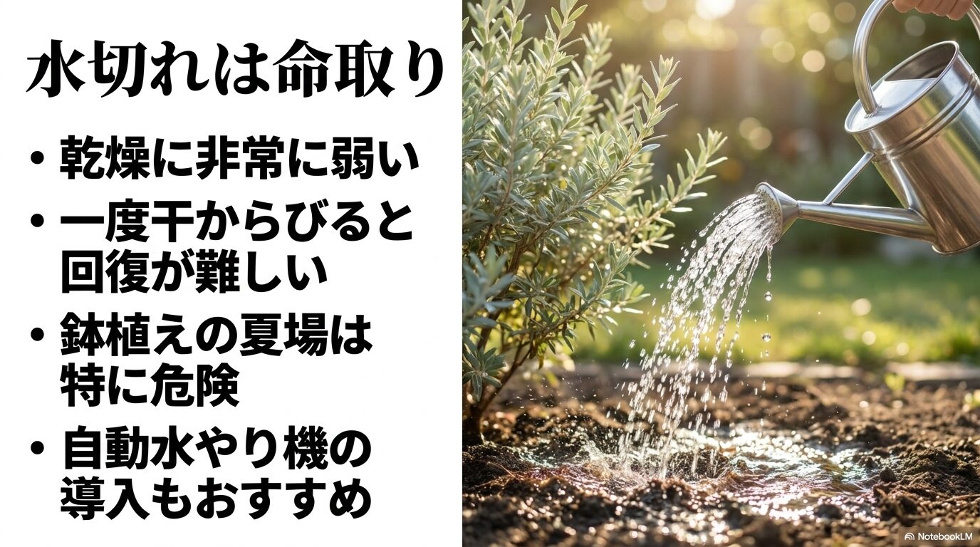 乾燥に非常に弱く、一度干からびると回復が難しいシルバーティーツリーの水管理の重要性を説いたスライド。