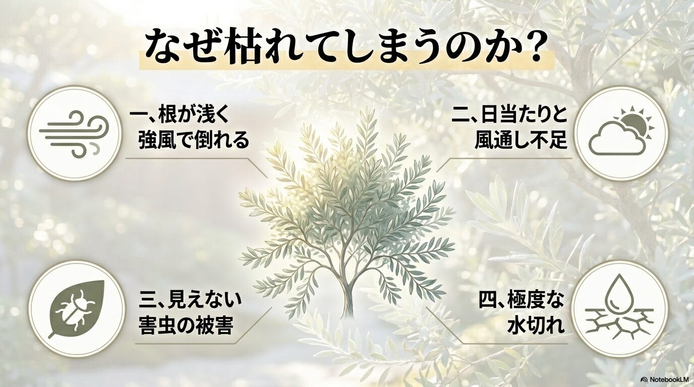 根の浅さによる倒伏、日光不足、害虫、水切れという、シルバーティーツリーが枯れる主な理由をまとめた資料。