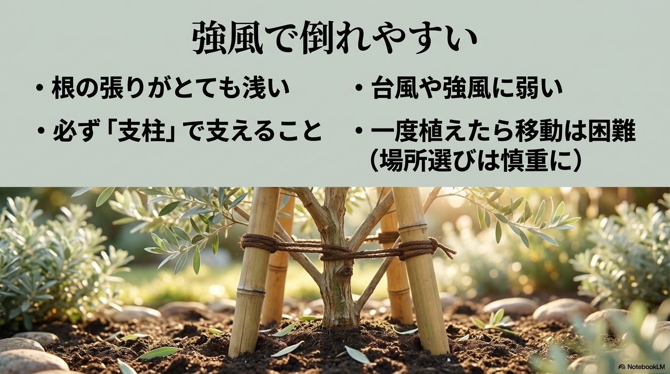 シルバーティーツリーは根の張りが浅く強風に弱いため、必ず支柱で支える必要があることを説明する資料。