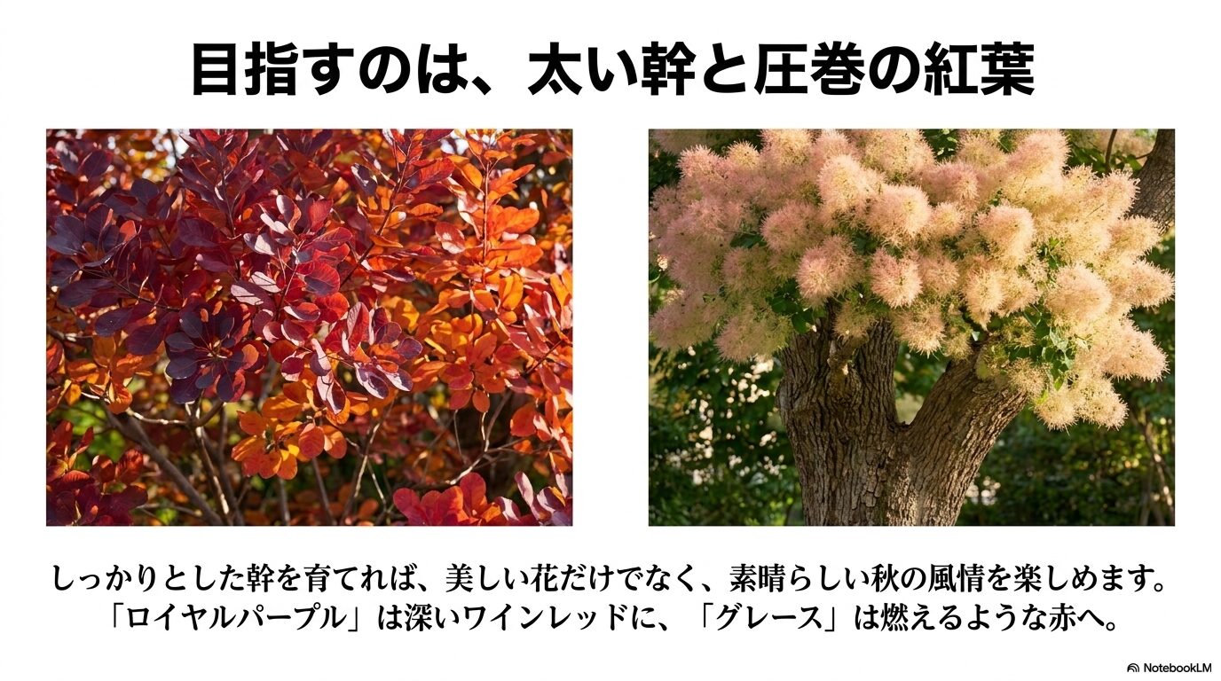 スモークツリーの太い幹と圧巻の紅葉、美しいロイヤルパープルとグレース