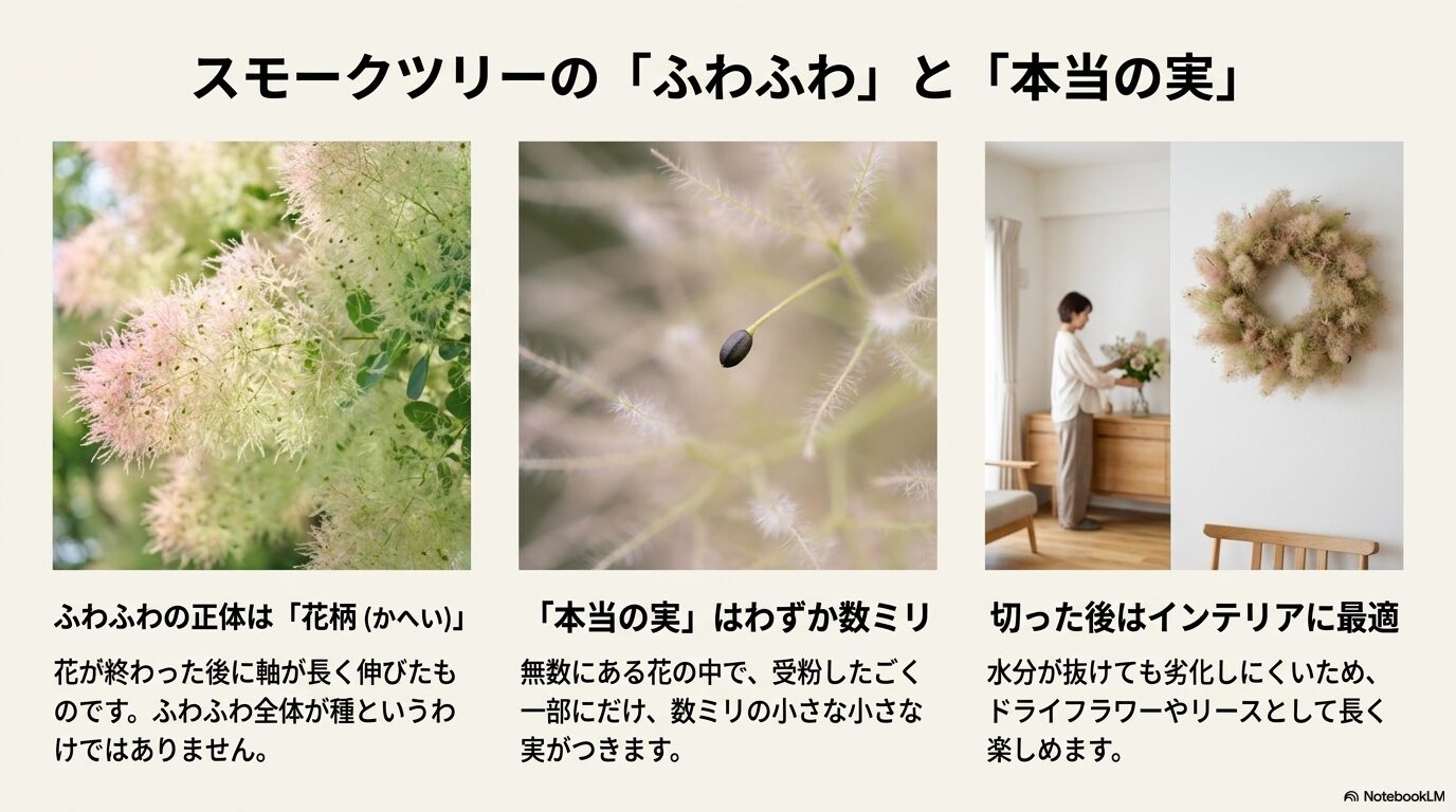 スモークツリーのふわふわの正体(花柄)と数ミリの本当の実、ドライフラワーのリース