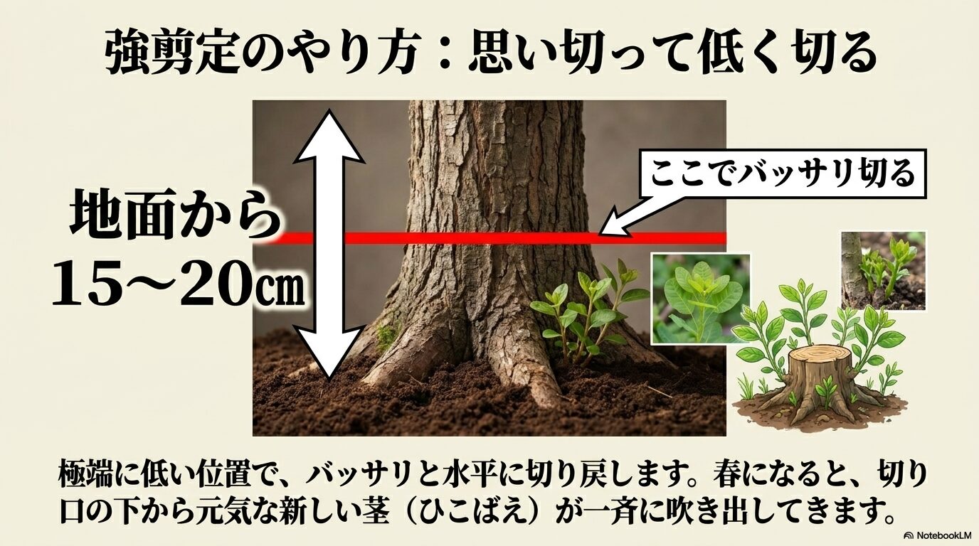 スモークツリーの強剪定のやり方、地面から15から20cmで思い切って切り戻す