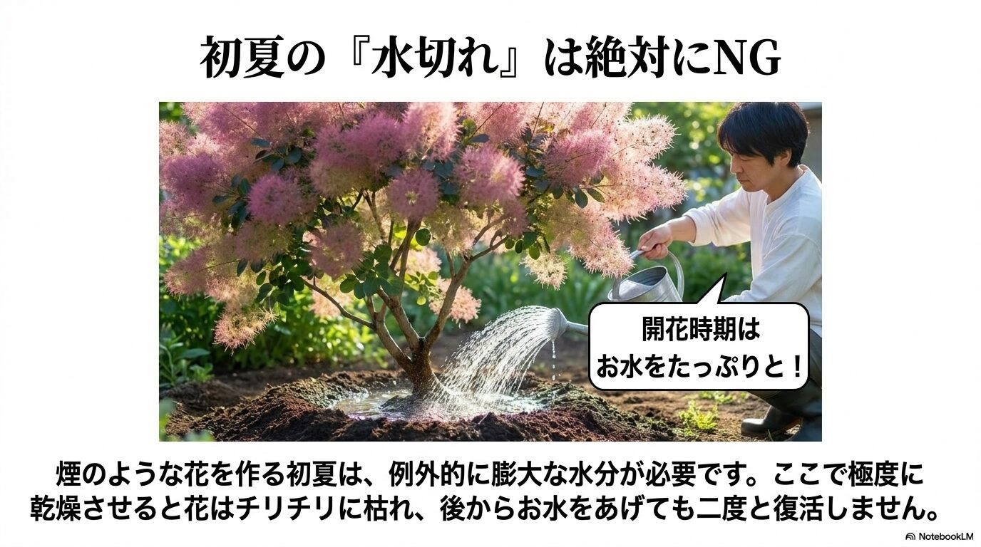スモークツリーの開花時期の水やり、初夏の水切れは絶対にNG