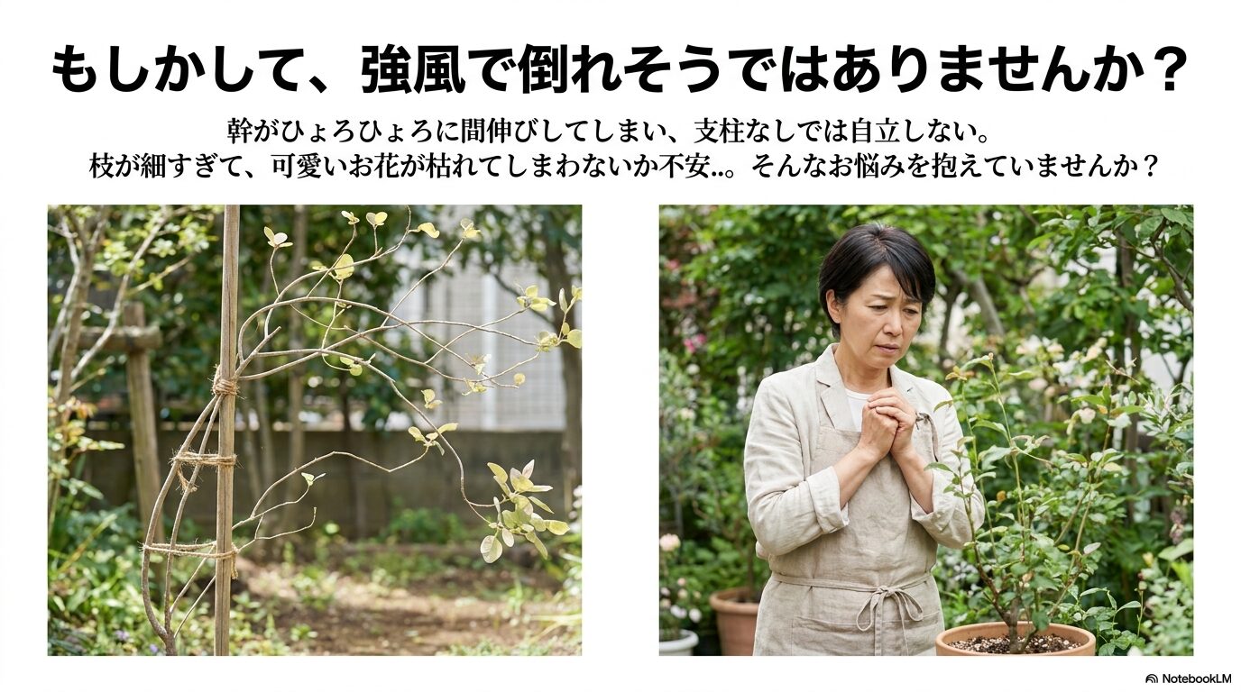 ひょろひょろのスモークツリーや強風で倒れそうな幹の悩み
