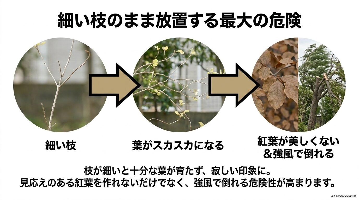 細い枝のまま放置する危険性、葉がスカスカになり強風で倒伏するリスク