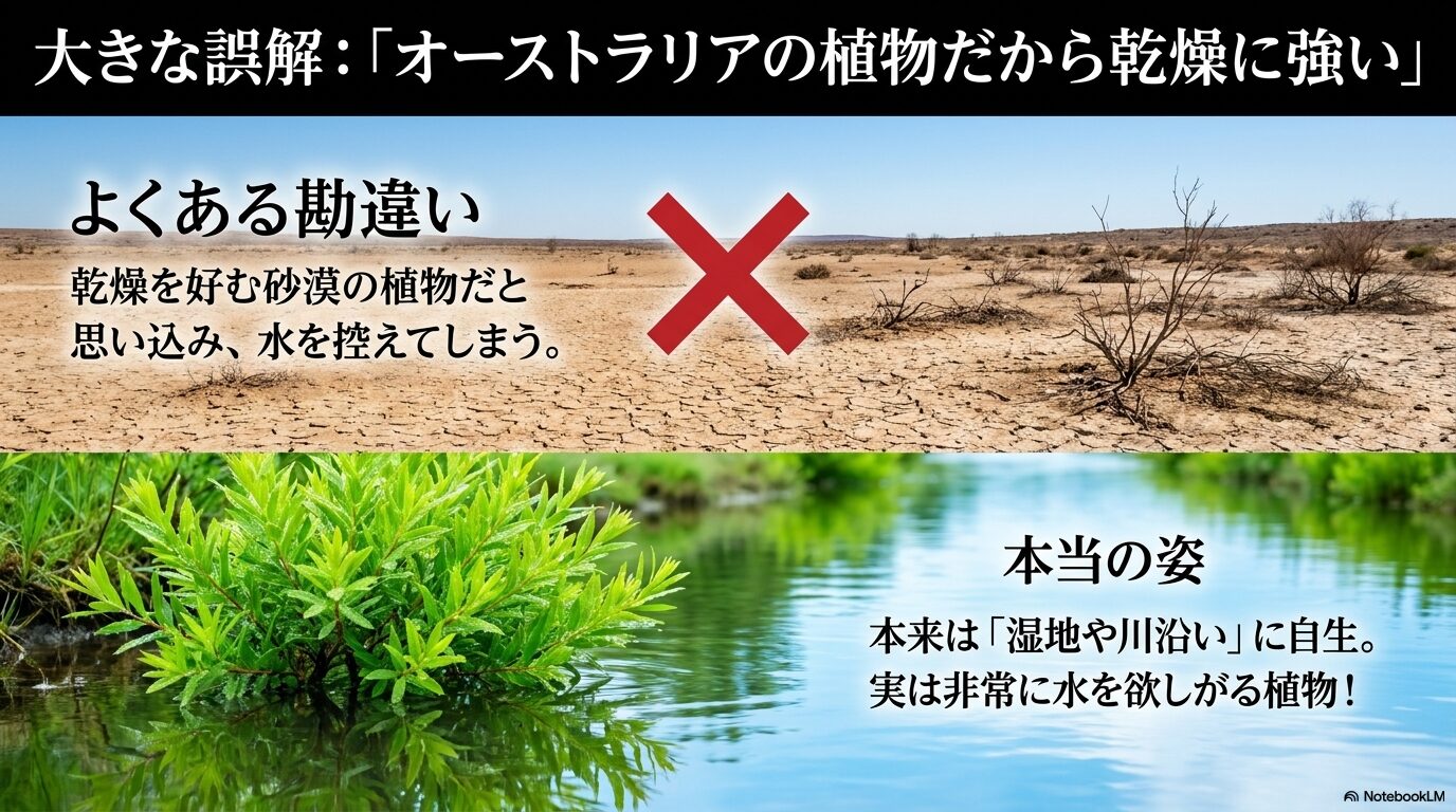ティーツリーは乾燥に強いという誤解と、実際は湿地や川沿いに自生し水を欲しがる性質であることを比較解説する画像