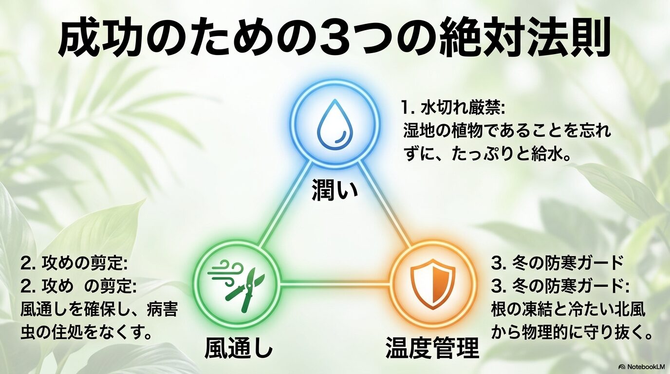 水切れ厳禁、攻めの剪定、冬の防寒ガードという、ティーツリーを枯らさないための3つの法則をまとめた画像
