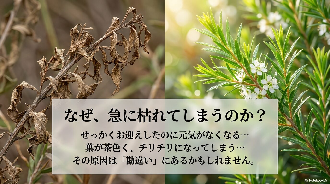 ティーツリーが急に枯れる、葉が茶色くチリチリになる等の悩みと、その原因が勘違いにあることを示すスライド画像