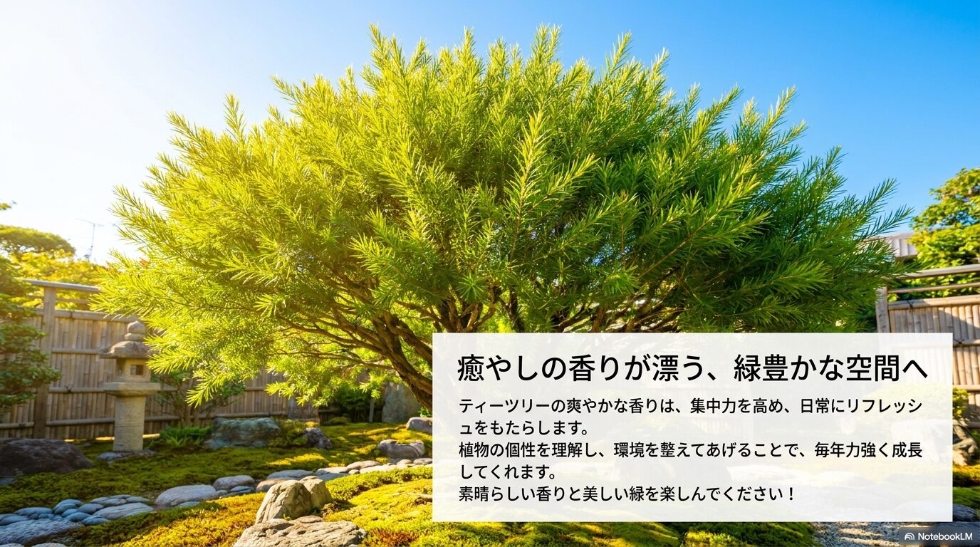 ティーツリーの爽やかな香りと緑を楽しむ、リフレッシュ効果や成長を願う結びのメッセージスライド