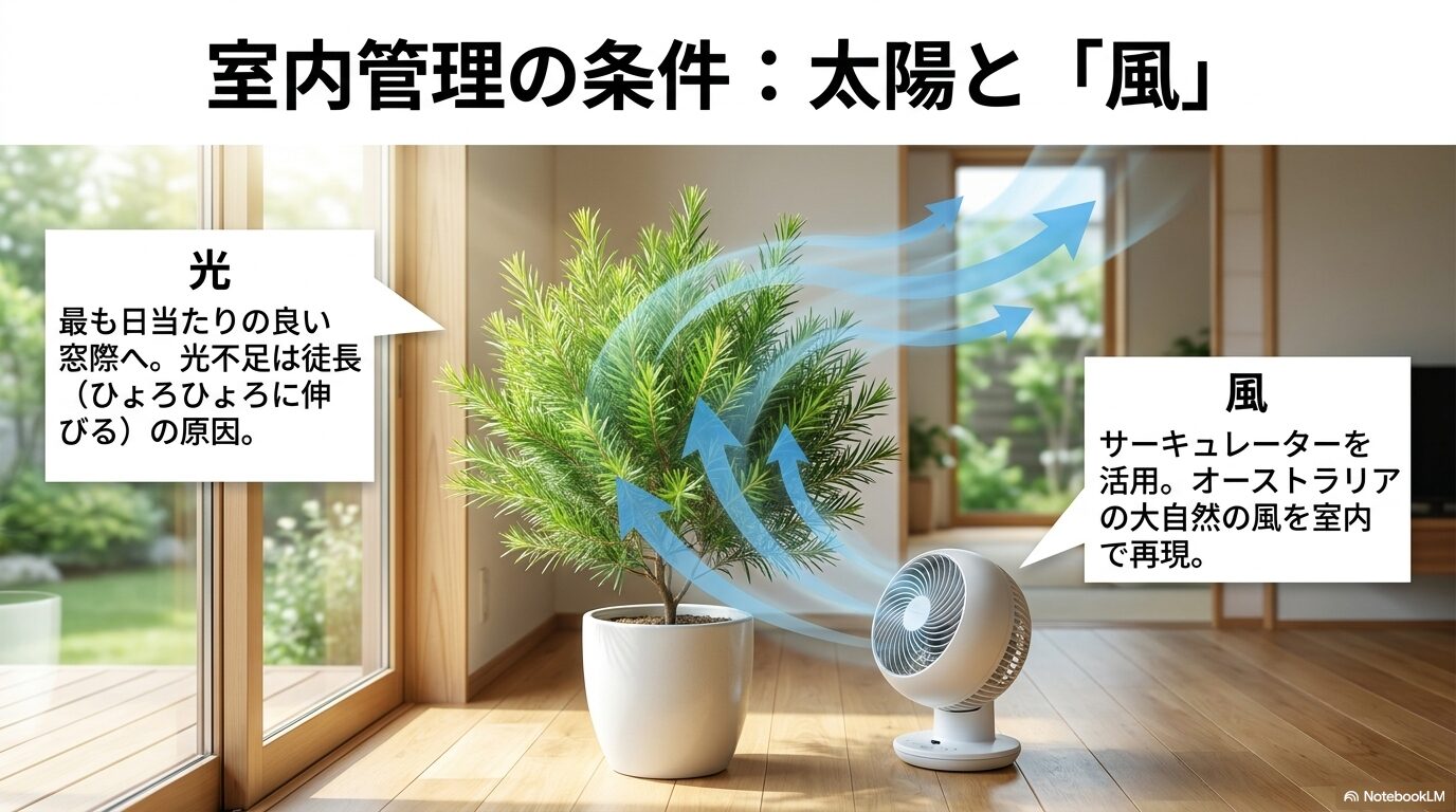 室内栽培における日当たりの良い窓際とサーキュレーターによる風通しの重要性を解説する画像
