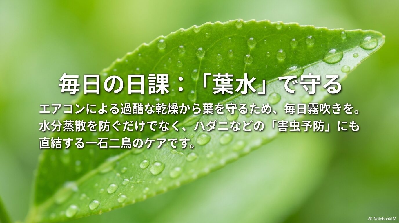 エアコンの乾燥から葉を守り、ハダニ等の害虫を予防するための毎日の霧吹きの重要性を示す画像