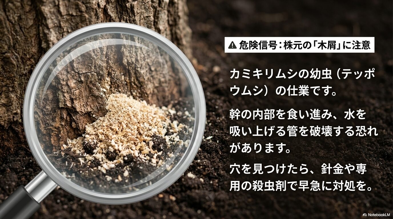 幹の内部を食害するカミキリムシの幼虫が出す木屑（フラス）の発見と対処法を解説する画像