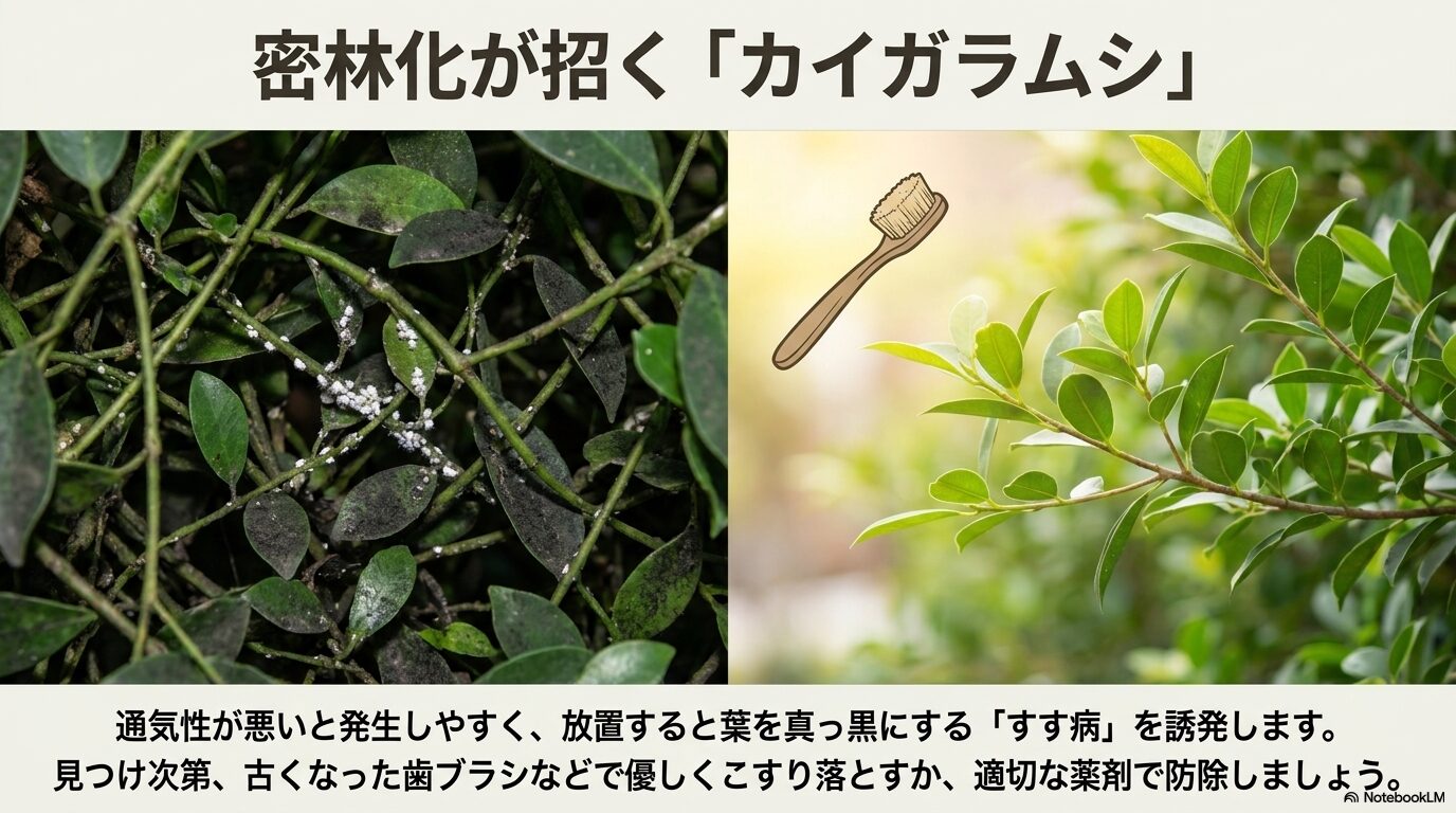 密集した葉に発生するカイガラムシと、二次被害であるすす病の様子および対策を示す画像