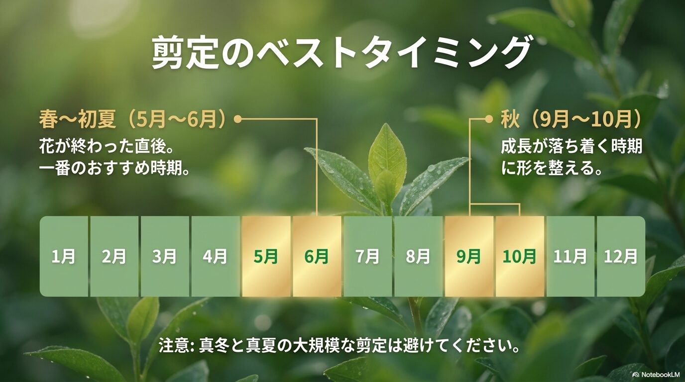 5〜6月の花後と9〜10月の成長落ち着き期を示す、ティーツリー剪定の年間スケジュール画像
