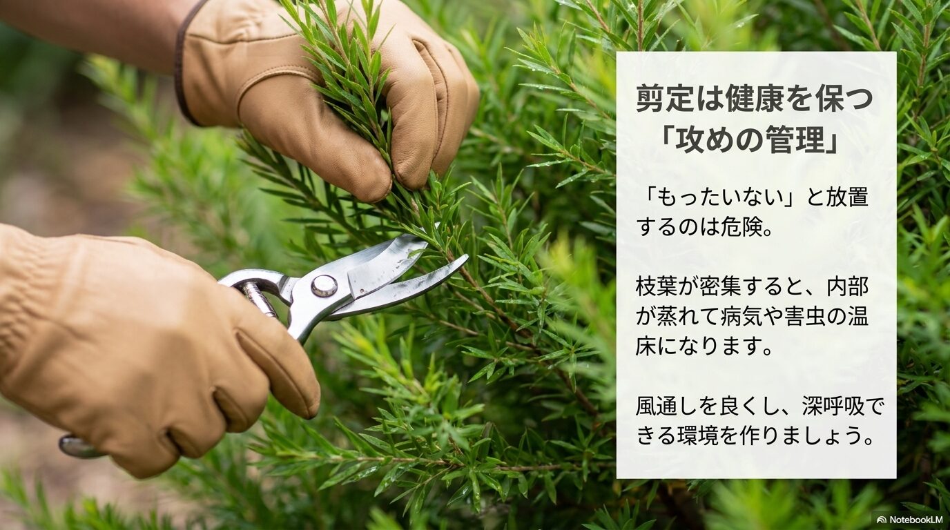 密集した枝葉を剪定することで風通しを良くし、病害虫を防ぐ効果を説明するスライド画像