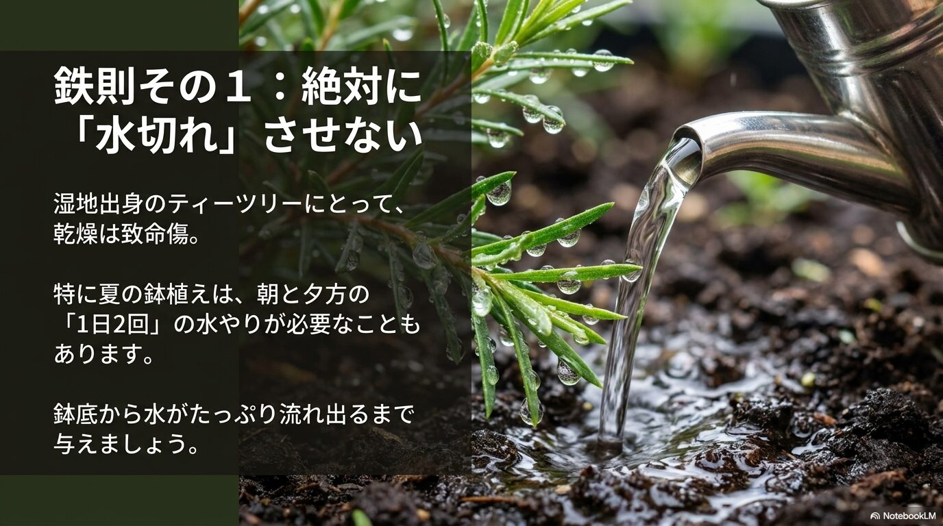 湿地出身のティーツリーにとって乾燥が致命傷であることと、夏の水やり頻度を解説する画像