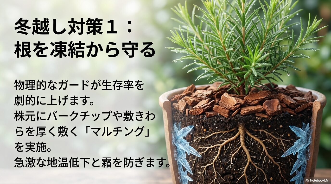 鉢植えの断面図と共に、株元のマルチングで地温低下と霜から根を守る方法を示す画像