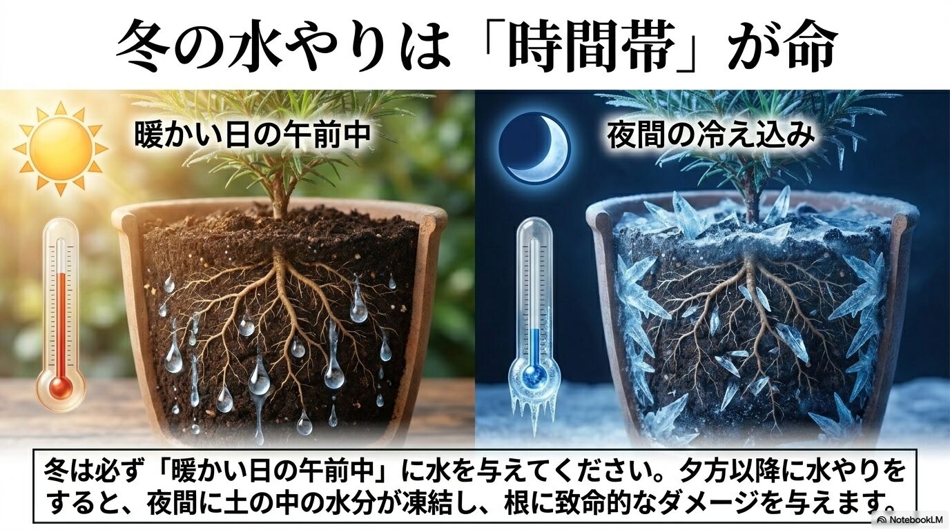 冬は暖かい日の午前中に水やりを行い、夜間の凍結による根のダメージを防ぐよう警告する画像