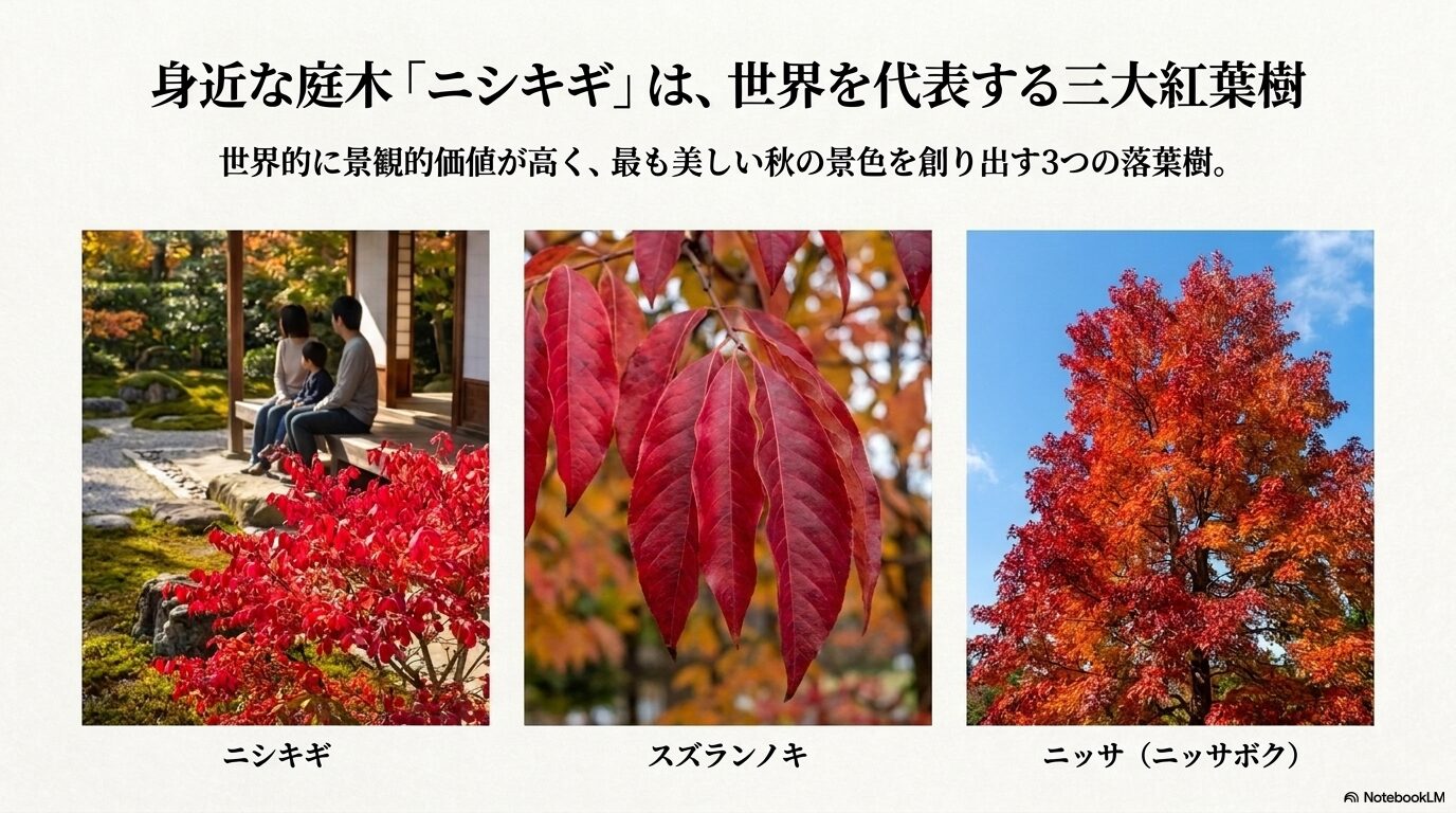 世界三大紅葉樹に数えられるニシキギ、スズランノキ、ニッサ（ニッサボク）の美しく紅葉した姿をまとめたスライド画像