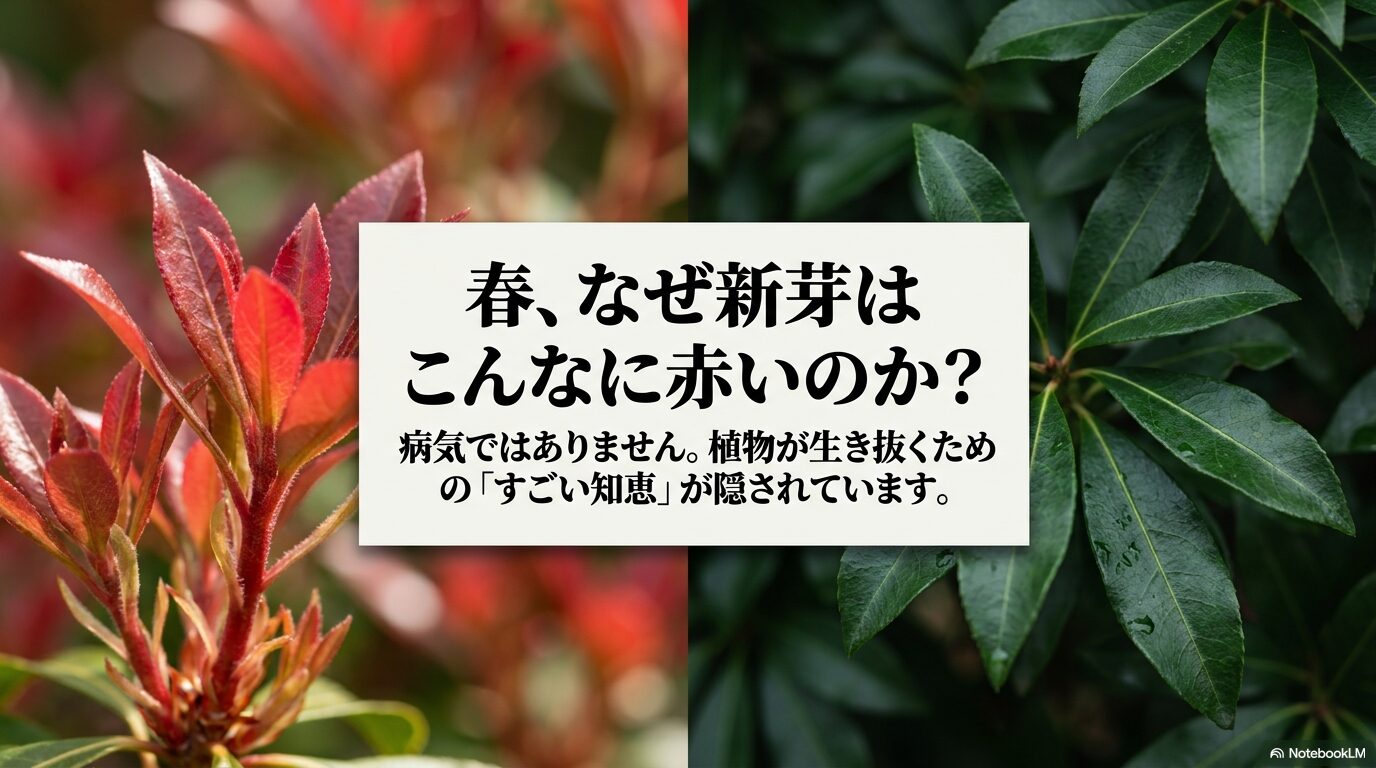 春に見られるアセビの赤い新芽の写真とともに、なぜ赤いのかという疑問を投げかけるスライド。
